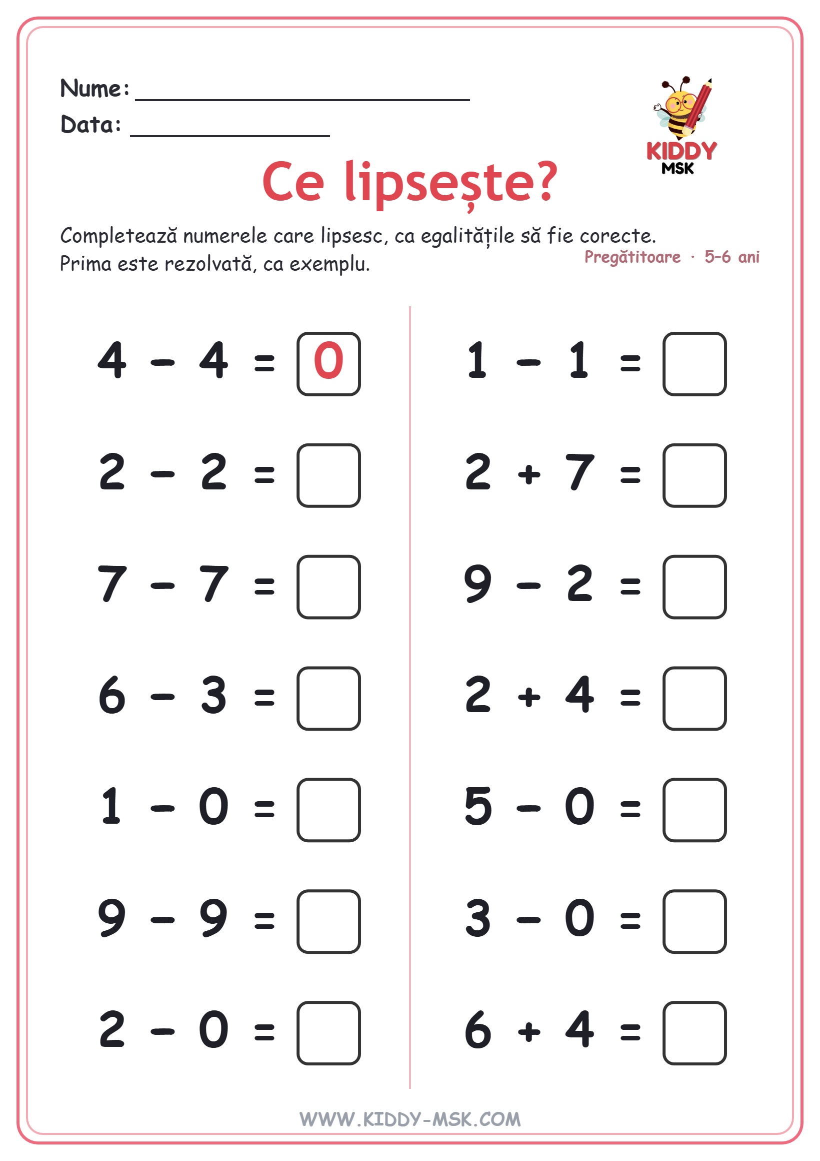 Ce lipsește? — operații până la 10 — prima pagină